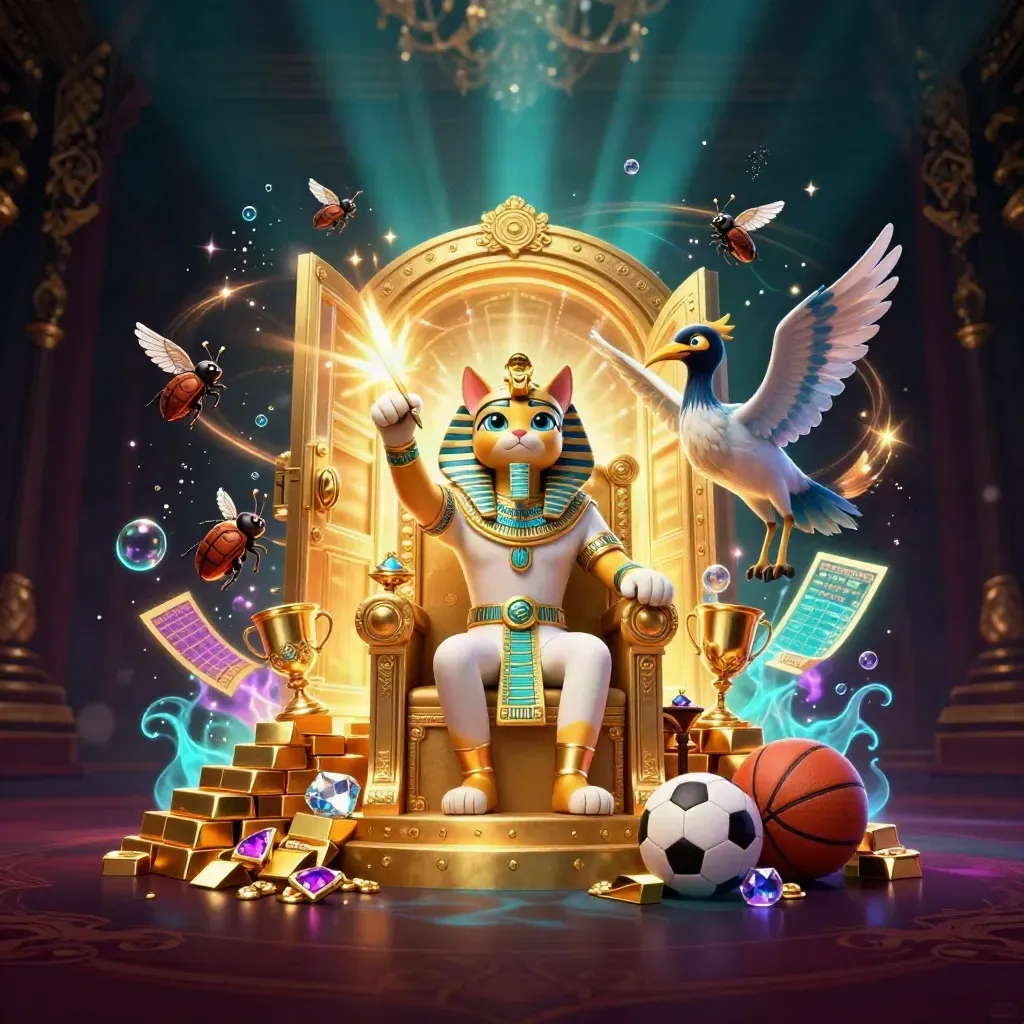 Pharaoh cat on gold throne with ibis scribe, scarabs, and a blazing treasure vault