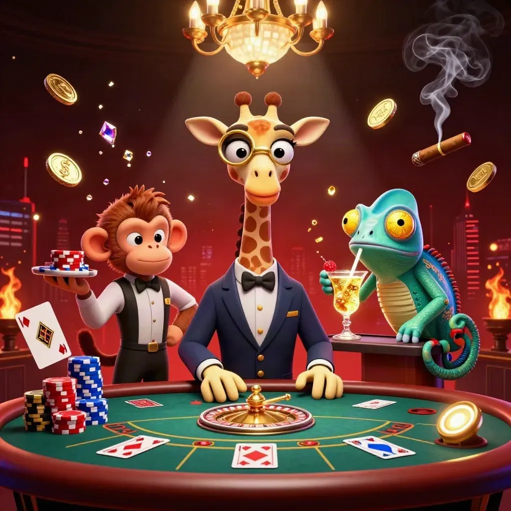 Giraffe high roller, monkey valet, chameleon bartender in a glowing luxury casino scene