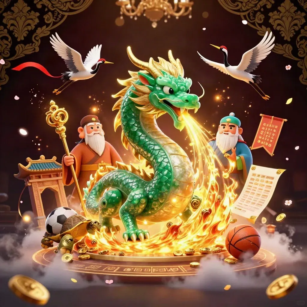 Emerald dragon, turtle sage and cranes amid gold fire, coins and temple glow.