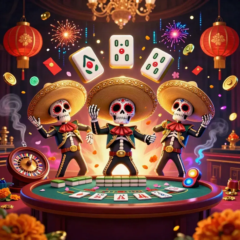 Skeleton mariachi trio amid casino glamour, lanterns, jade coins and gold-lit smoke.