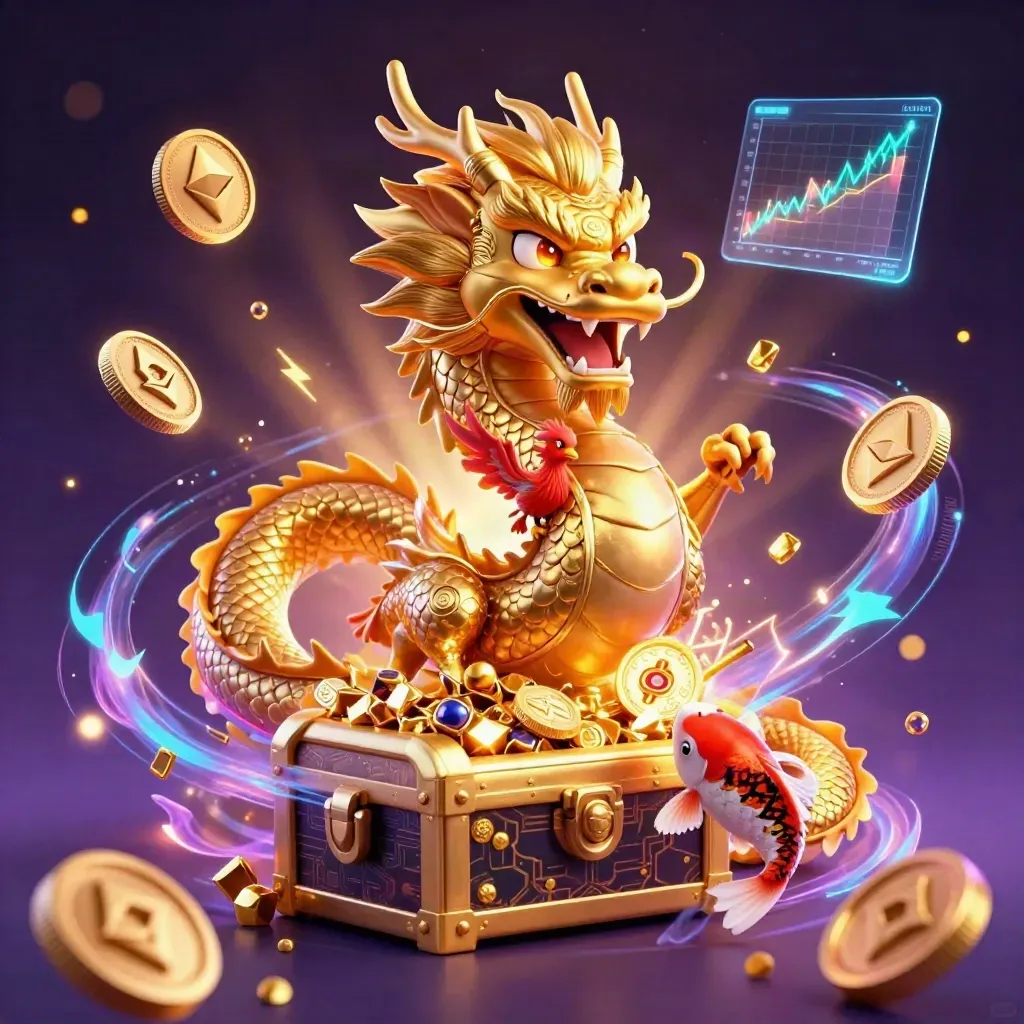 Golden dragon, phoenix and koi burst from a treasure chest amid neon coins and lightning.