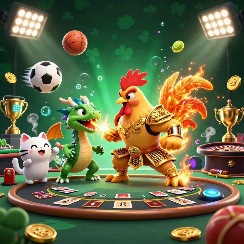 Golden rooster, dragon hatchling and fortune-cat erupt in a luxe emerald casino loft with sports chaos.