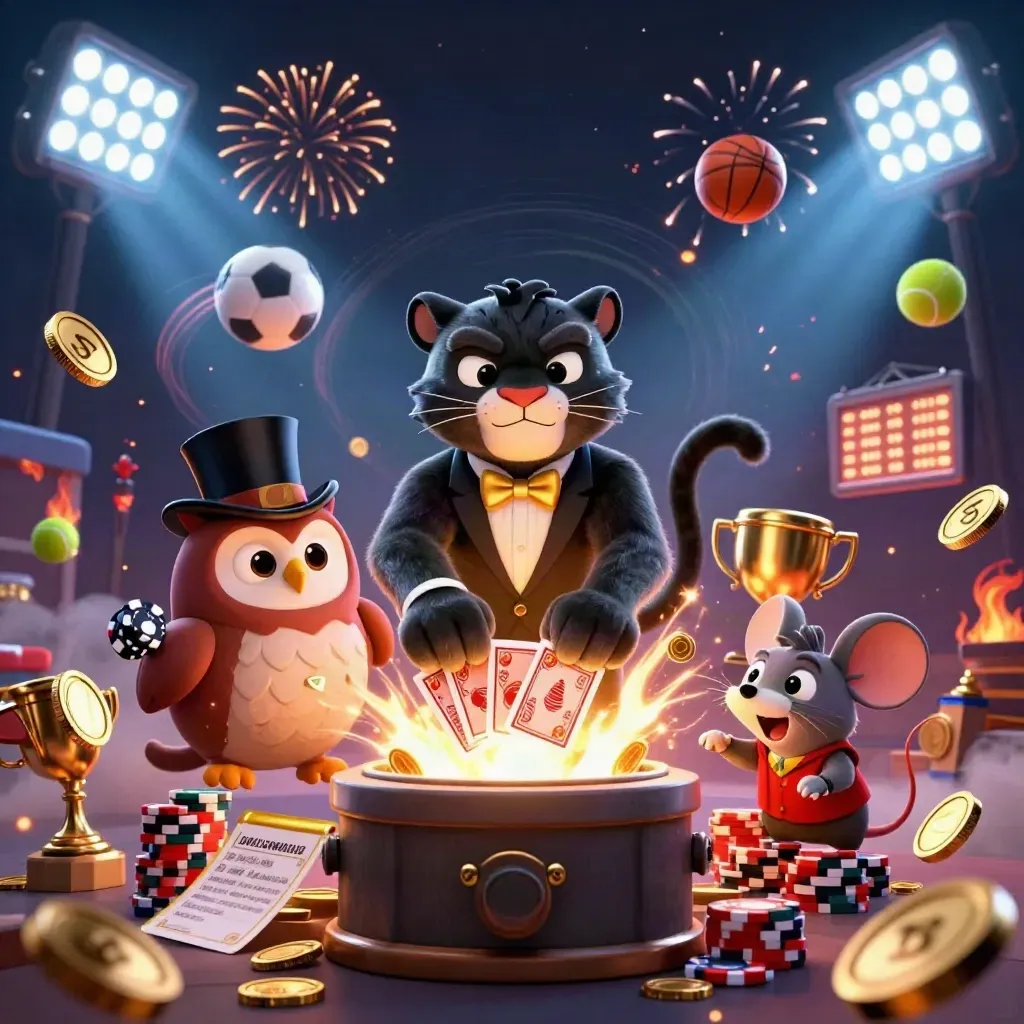 Panther, owl, and mouse celebrate amid coins, sports balls, trophy, floodlights, and fireworks.