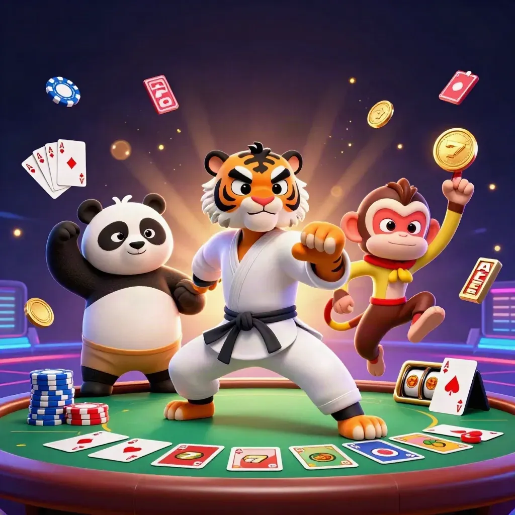Kung-fu tiger, panda and monkey amid neon poker chips, aces and slot symbols.